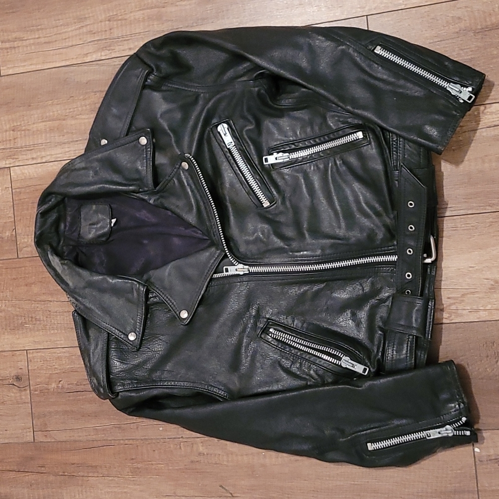 Men's Black Leather Moto Jacket Small